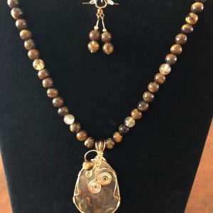 Wire Wrapped Rutilated Quartz on Tiger Eye Necklace with Earrings (Gold tone)