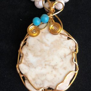 Wire Wrapper Buffalo Turquoise Pendant on White and Blue Turquoise Necklace w/ER