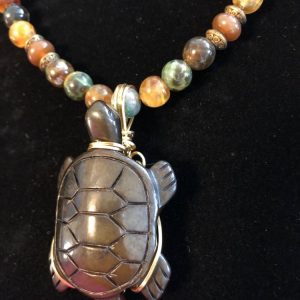 Wire Wrapped Agate Turtle Pendant on Lemongrass Crab Agate Necklace w/ERs